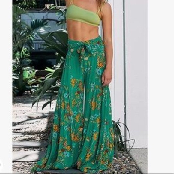 NEW Floral Bohemian Wide Leg Belted Palazzo Pants - Picture 1 of 3